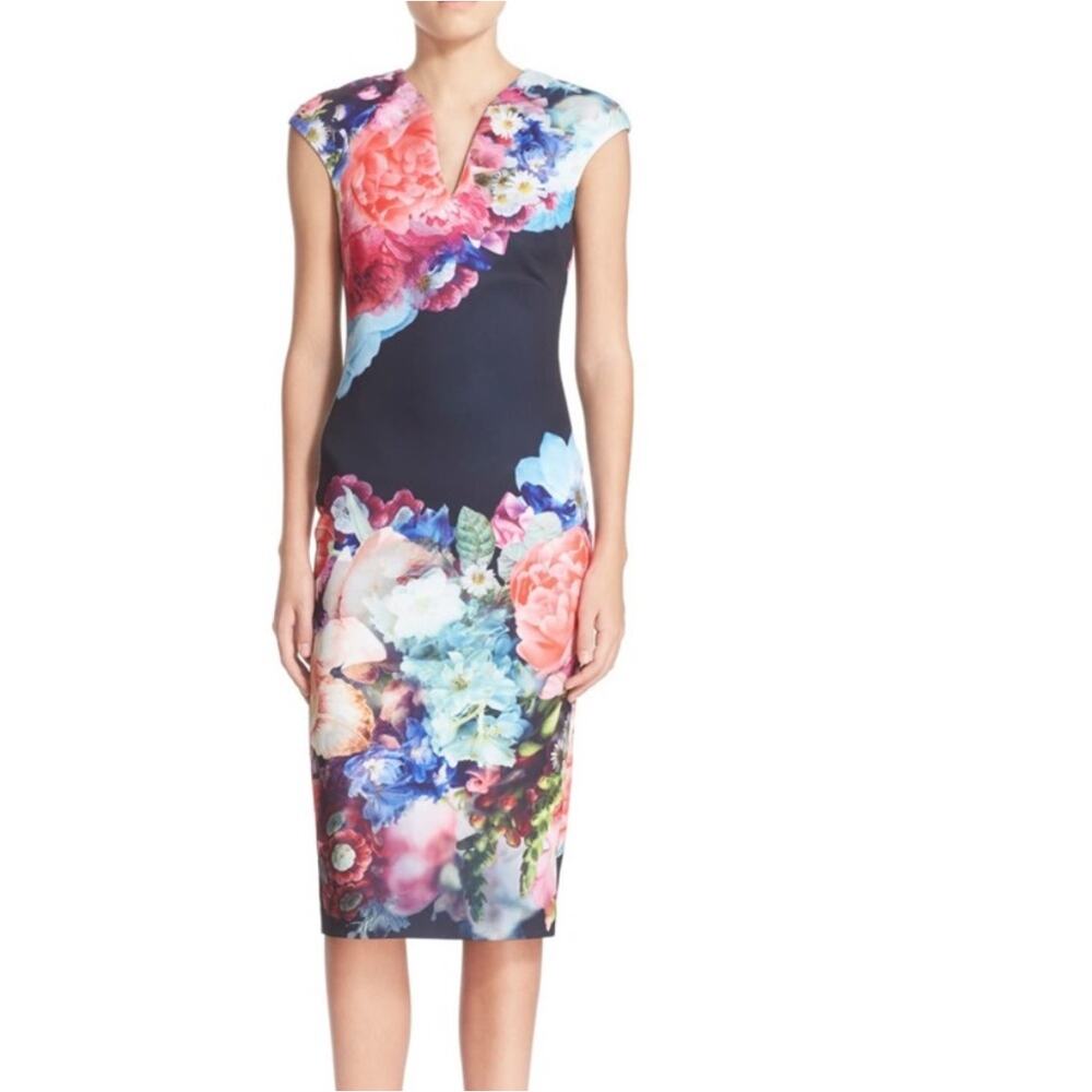 Ted Baker Bodycon Dress Women XS Dark Blue NWT Floral Focus Bouquet Brynee